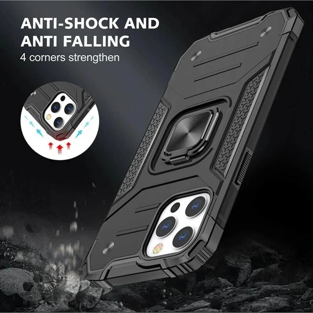 New Rugged iPhone 13 Pro Max Case Heavy Duty Armor Cover with Ring Stand Black